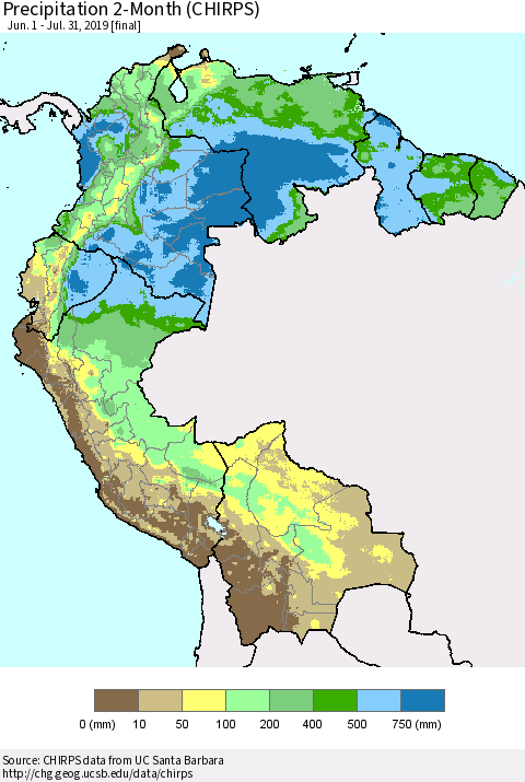 Northern South America Precipitation 2-Month (CHIRPS) Thematic Map For 6/1/2019 - 7/31/2019