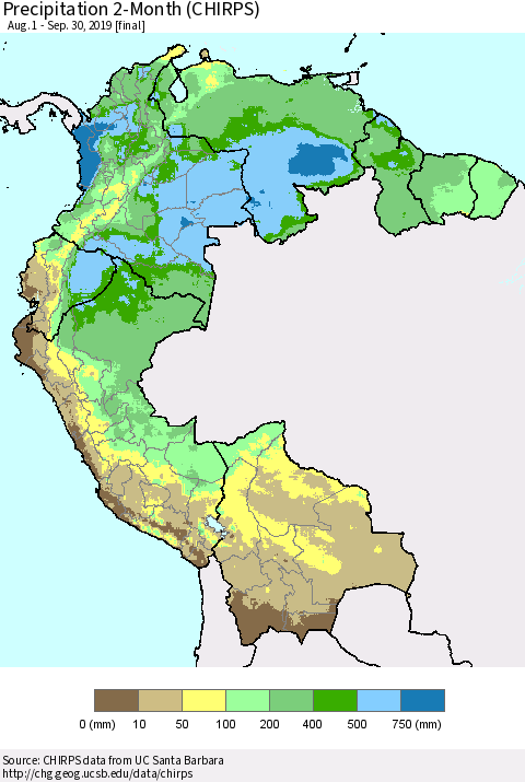 Northern South America Precipitation 2-Month (CHIRPS) Thematic Map For 8/1/2019 - 9/30/2019
