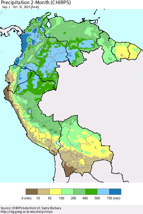Northern South America Precipitation 2-Month (CHIRPS) Thematic Map For 9/1/2019 - 10/31/2019