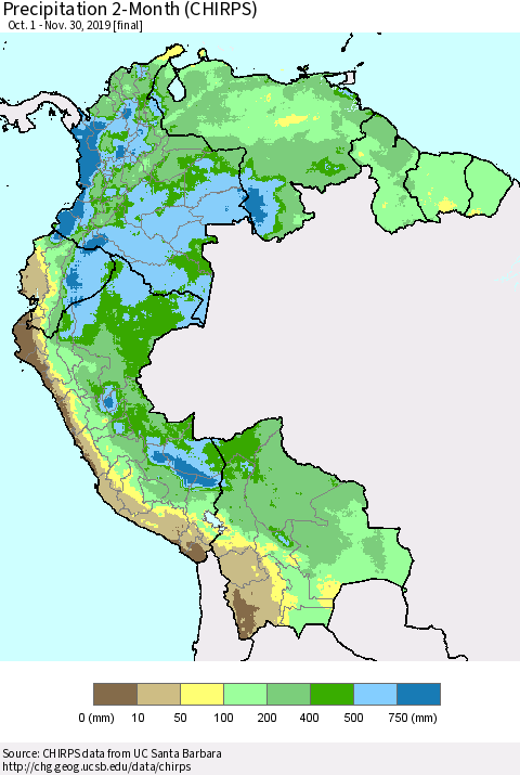 Northern South America Precipitation 2-Month (CHIRPS) Thematic Map For 10/1/2019 - 11/30/2019