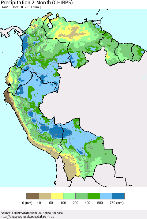 Northern South America Precipitation 2-Month (CHIRPS) Thematic Map For 11/1/2019 - 12/31/2019