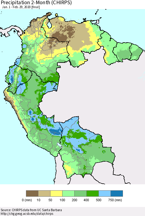 Northern South America Precipitation 2-Month (CHIRPS) Thematic Map For 1/1/2020 - 2/29/2020