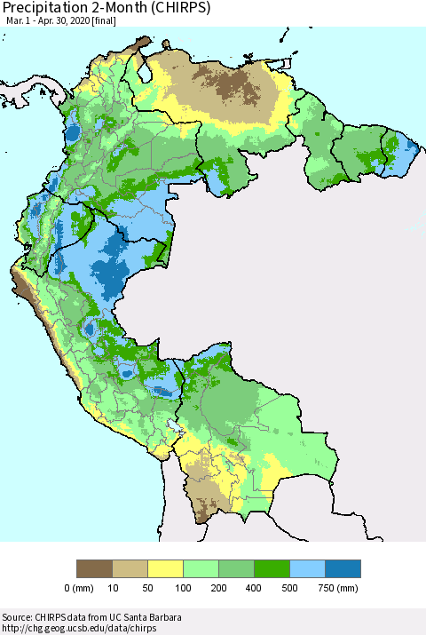 Northern South America Precipitation 2-Month (CHIRPS) Thematic Map For 3/1/2020 - 4/30/2020