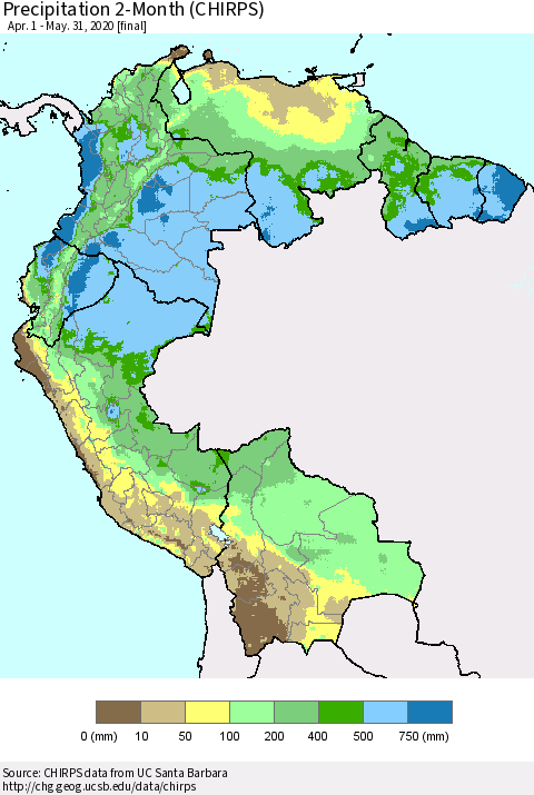 Northern South America Precipitation 2-Month (CHIRPS) Thematic Map For 4/1/2020 - 5/31/2020