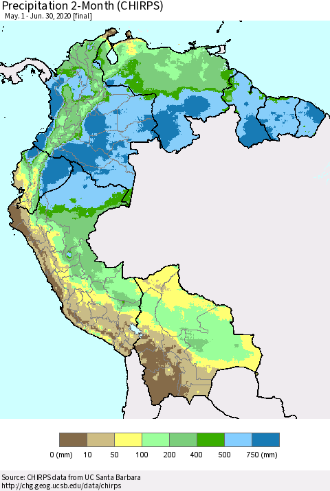 Northern South America Precipitation 2-Month (CHIRPS) Thematic Map For 5/1/2020 - 6/30/2020