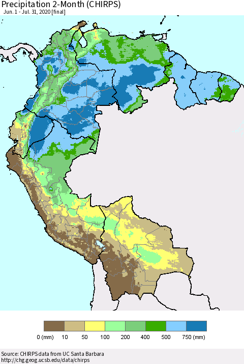 Northern South America Precipitation 2-Month (CHIRPS) Thematic Map For 6/1/2020 - 7/31/2020