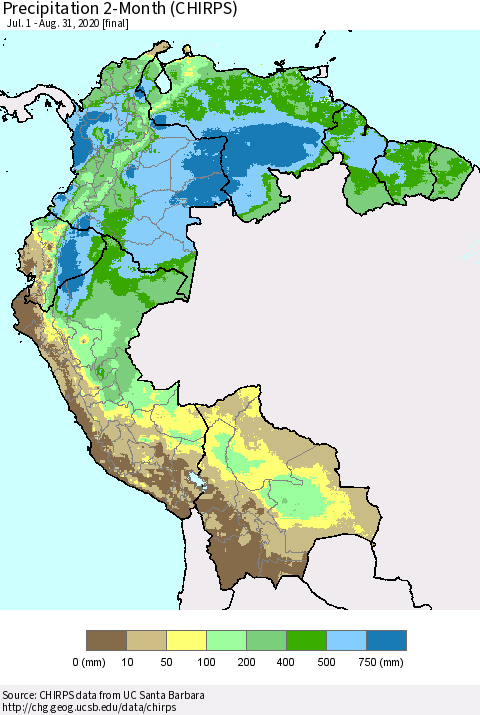 Northern South America Precipitation 2-Month (CHIRPS) Thematic Map For 7/1/2020 - 8/31/2020
