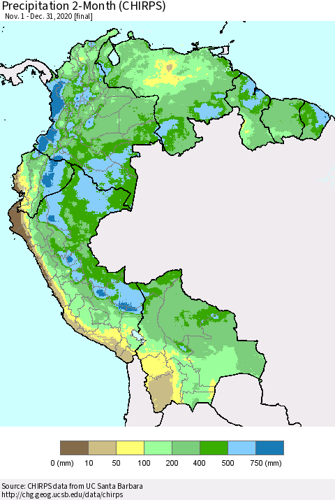 Northern South America Precipitation 2-Month (CHIRPS) Thematic Map For 11/1/2020 - 12/31/2020