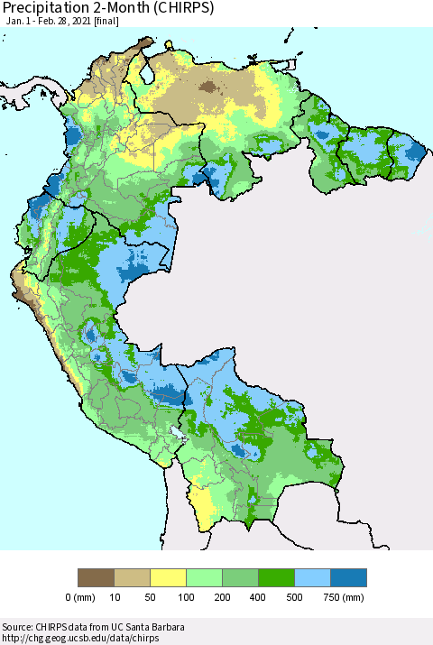 Northern South America Precipitation 2-Month (CHIRPS) Thematic Map For 1/1/2021 - 2/28/2021