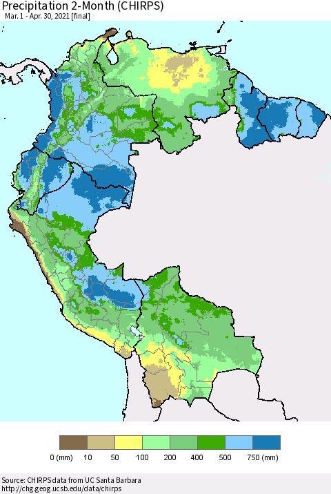 Northern South America Precipitation 2-Month (CHIRPS) Thematic Map For 3/1/2021 - 4/30/2021
