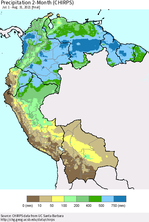Northern South America Precipitation 2-Month (CHIRPS) Thematic Map For 7/1/2021 - 8/31/2021