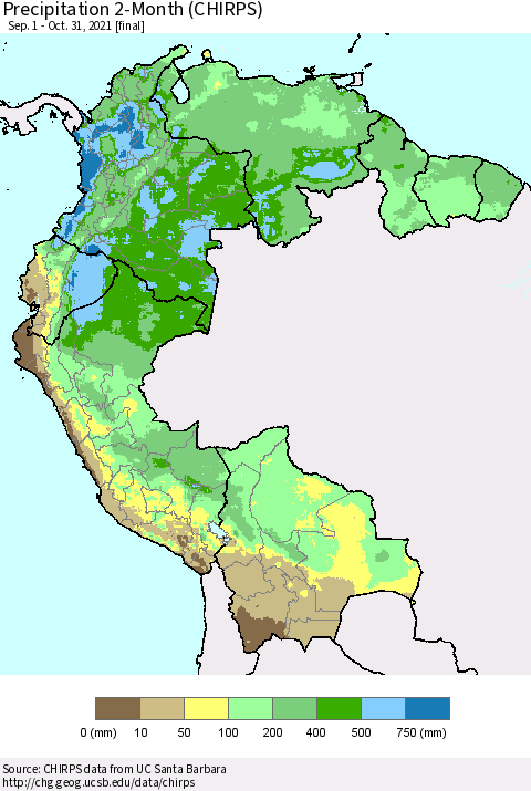 Northern South America Precipitation 2-Month (CHIRPS) Thematic Map For 9/1/2021 - 10/31/2021
