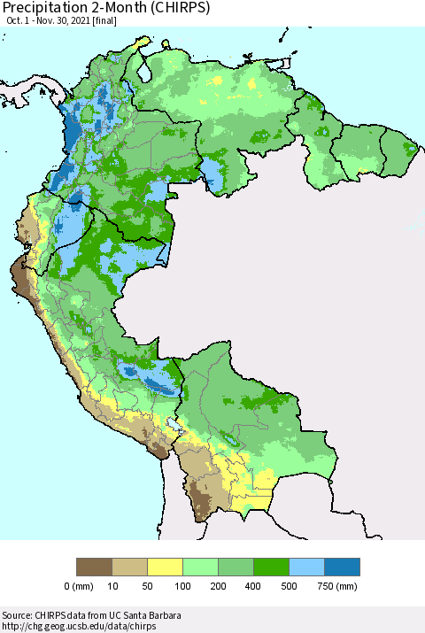 Northern South America Precipitation 2-Month (CHIRPS) Thematic Map For 10/1/2021 - 11/30/2021