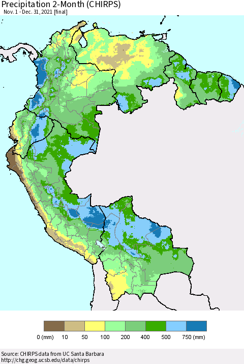 Northern South America Precipitation 2-Month (CHIRPS) Thematic Map For 11/1/2021 - 12/31/2021