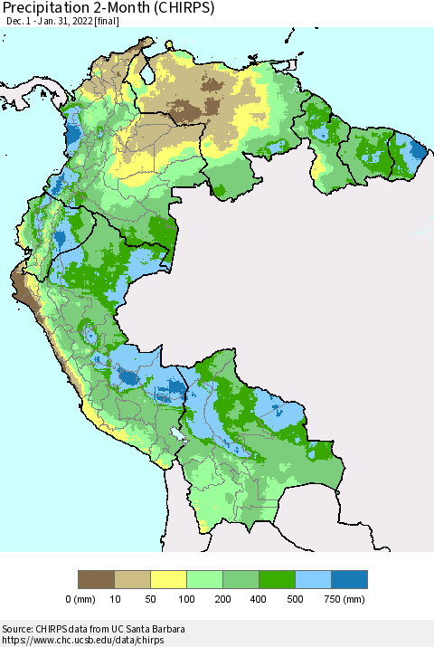 Northern South America Precipitation 2-Month (CHIRPS) Thematic Map For 12/1/2021 - 1/31/2022