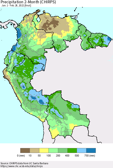 Northern South America Precipitation 2-Month (CHIRPS) Thematic Map For 1/1/2022 - 2/28/2022