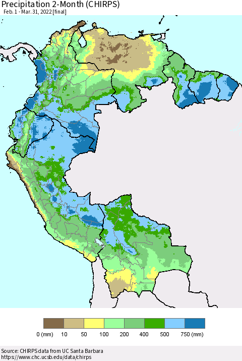 Northern South America Precipitation 2-Month (CHIRPS) Thematic Map For 2/1/2022 - 3/31/2022