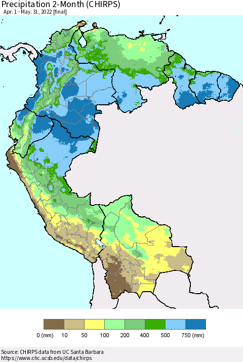 Northern South America Precipitation 2-Month (CHIRPS) Thematic Map For 4/1/2022 - 5/31/2022