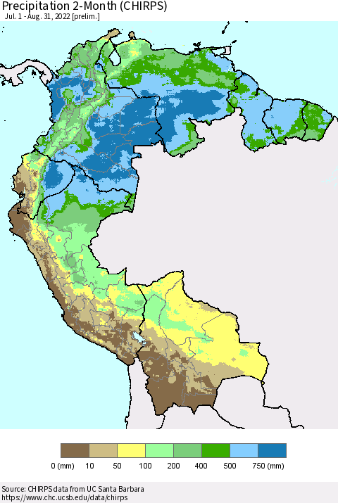 Northern South America Precipitation 2-Month (CHIRPS) Thematic Map For 7/1/2022 - 8/31/2022