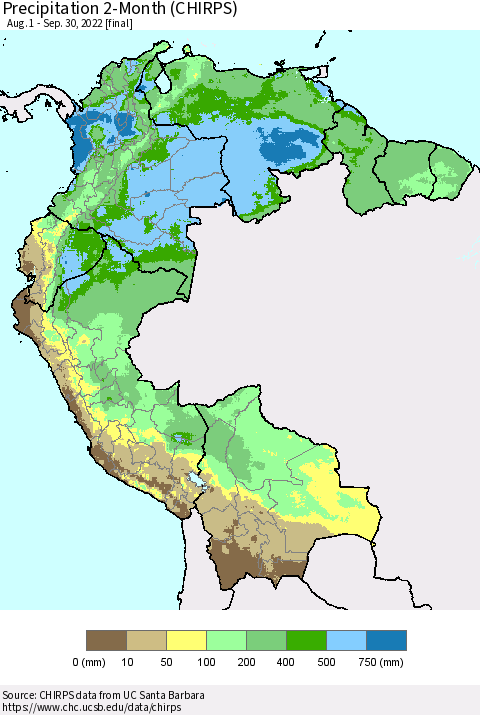 Northern South America Precipitation 2-Month (CHIRPS) Thematic Map For 8/1/2022 - 9/30/2022