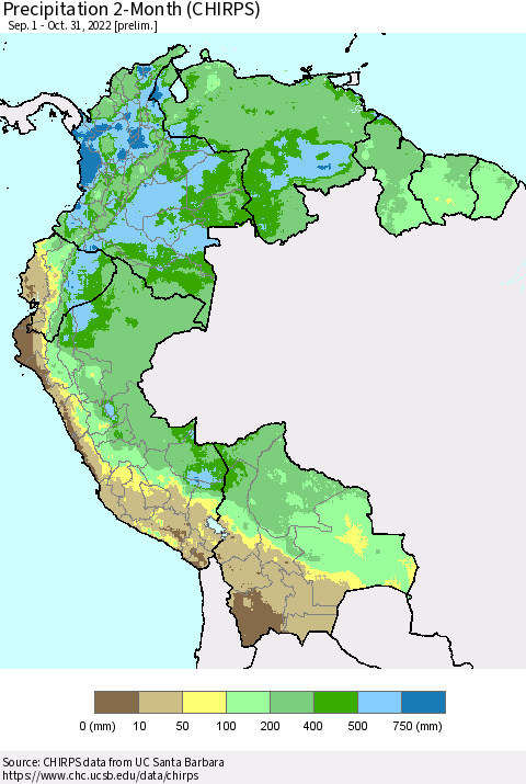 Northern South America Precipitation 2-Month (CHIRPS) Thematic Map For 9/1/2022 - 10/31/2022
