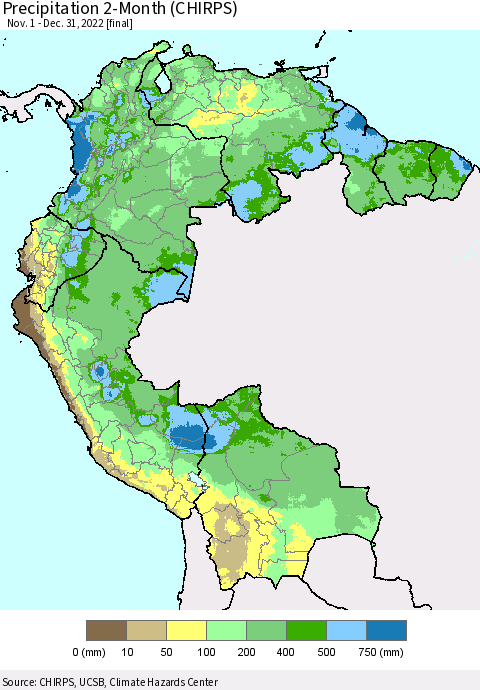 Northern South America Precipitation 2-Month (CHIRPS) Thematic Map For 11/1/2022 - 12/31/2022