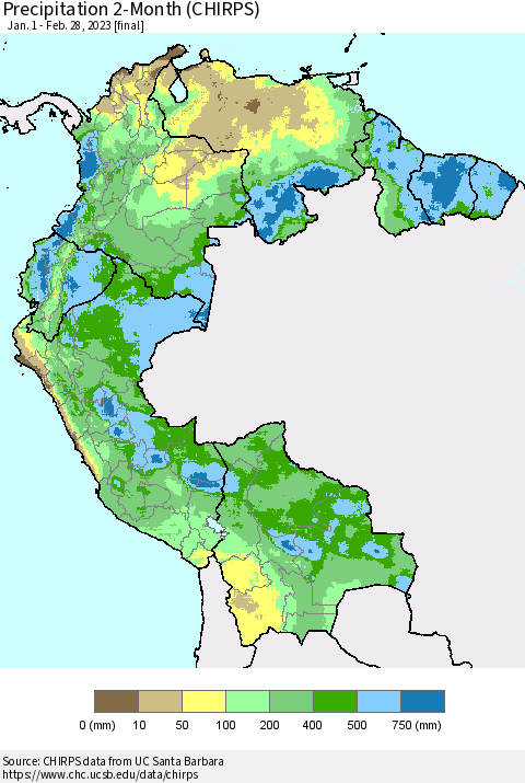 Northern South America Precipitation 2-Month (CHIRPS) Thematic Map For 1/1/2023 - 2/28/2023