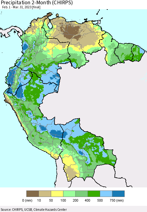 Northern South America Precipitation 2-Month (CHIRPS) Thematic Map For 2/1/2023 - 3/31/2023