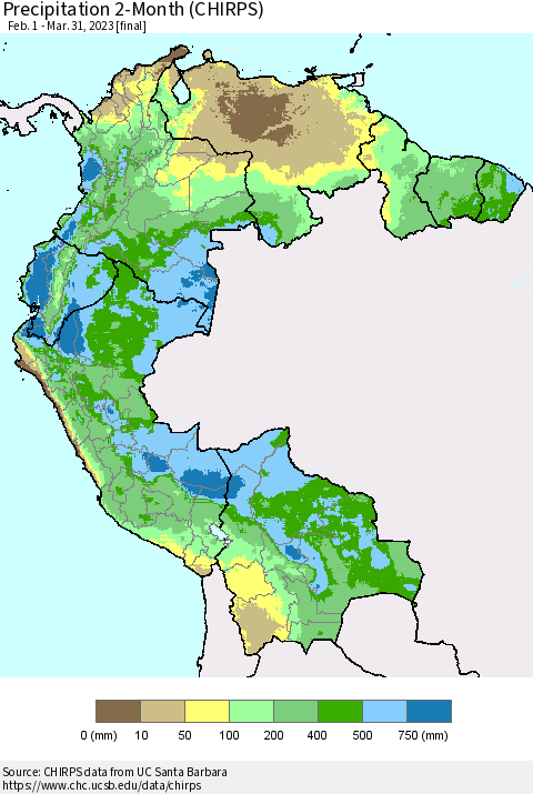 Northern South America Precipitation 2-Month (CHIRPS) Thematic Map For 2/1/2023 - 3/31/2023