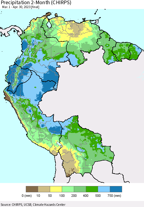 Northern South America Precipitation 2-Month (CHIRPS) Thematic Map For 3/1/2023 - 4/30/2023
