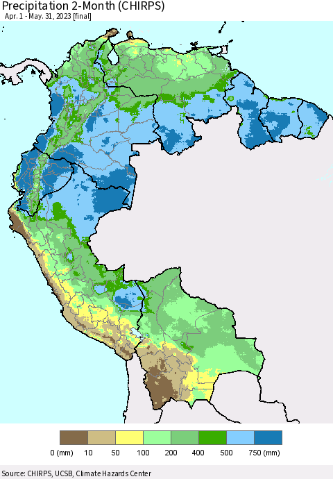Northern South America Precipitation 2-Month (CHIRPS) Thematic Map For 4/1/2023 - 5/31/2023