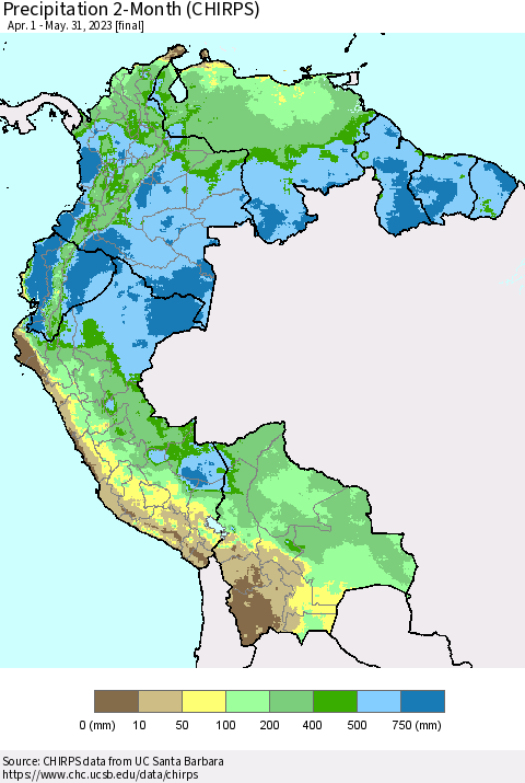 Northern South America Precipitation 2-Month (CHIRPS) Thematic Map For 4/1/2023 - 5/31/2023