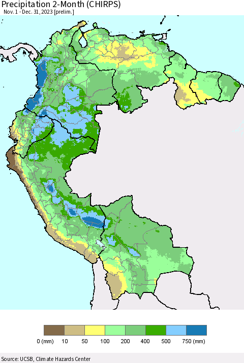 Northern South America Precipitation 2-Month (CHIRPS) Thematic Map For 11/1/2023 - 12/31/2023