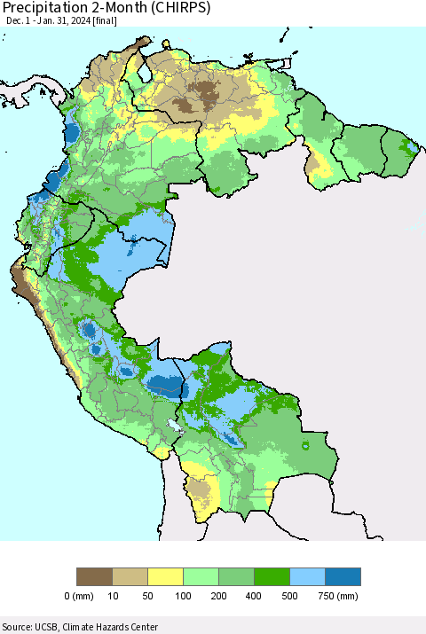 Northern South America Precipitation 2-Month (CHIRPS) Thematic Map For 12/1/2023 - 1/31/2024