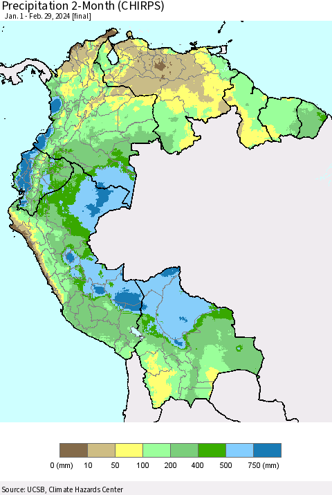Northern South America Precipitation 2-Month (CHIRPS) Thematic Map For 1/1/2024 - 2/29/2024