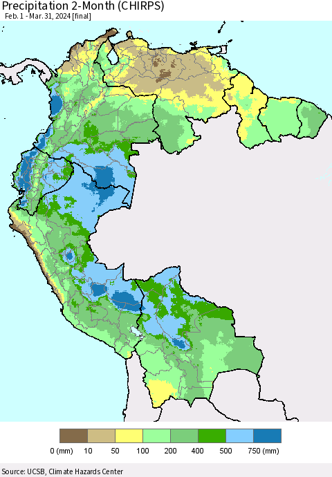 Northern South America Precipitation 2-Month (CHIRPS) Thematic Map For 2/1/2024 - 3/31/2024