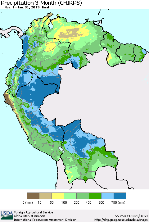 Northern South America Precipitation 3-Month (CHIRPS) Thematic Map For 11/1/2018 - 1/31/2019