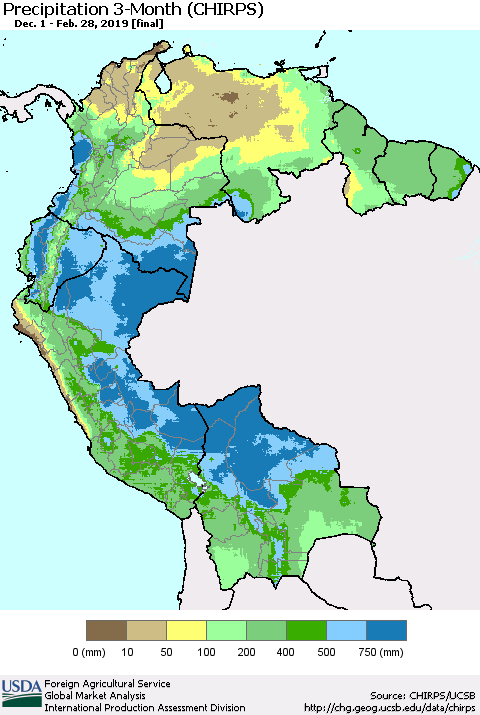 Northern South America Precipitation 3-Month (CHIRPS) Thematic Map For 12/1/2018 - 2/28/2019