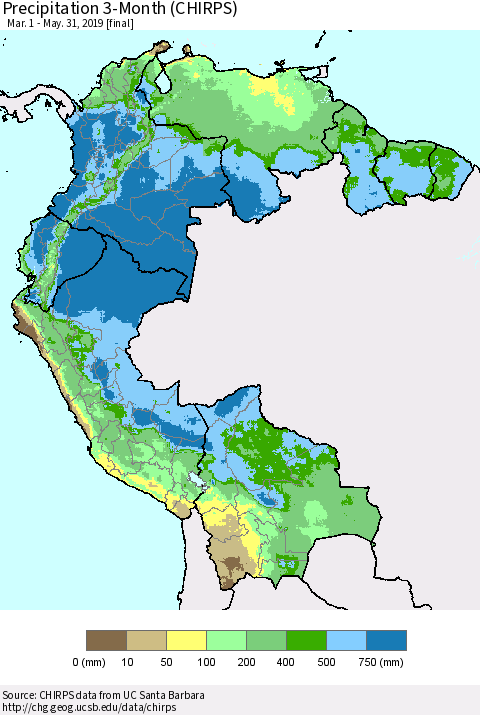 Northern South America Precipitation 3-Month (CHIRPS) Thematic Map For 3/1/2019 - 5/31/2019