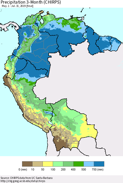 Northern South America Precipitation 3-Month (CHIRPS) Thematic Map For 5/1/2019 - 7/31/2019