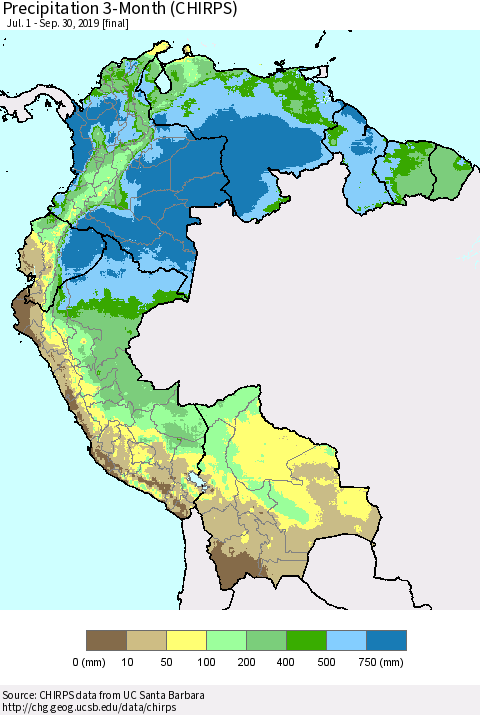 Northern South America Precipitation 3-Month (CHIRPS) Thematic Map For 7/1/2019 - 9/30/2019