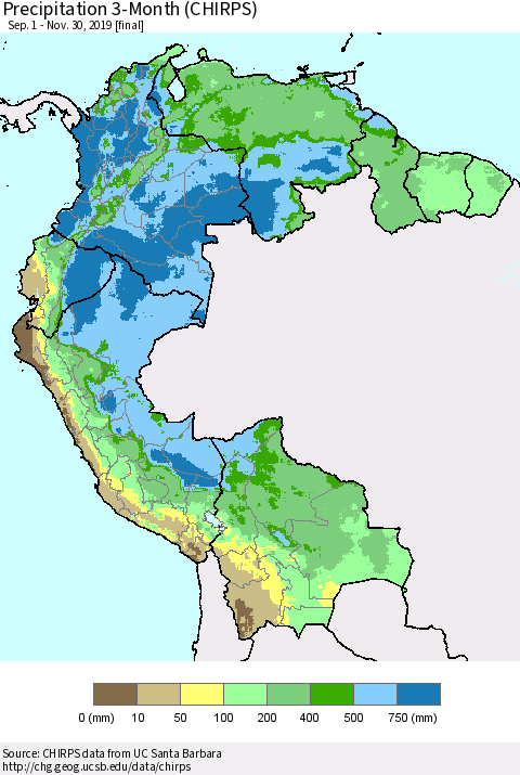 Northern South America Precipitation 3-Month (CHIRPS) Thematic Map For 9/1/2019 - 11/30/2019