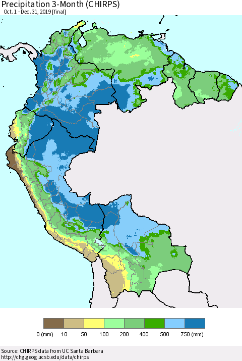 Northern South America Precipitation 3-Month (CHIRPS) Thematic Map For 10/1/2019 - 12/31/2019