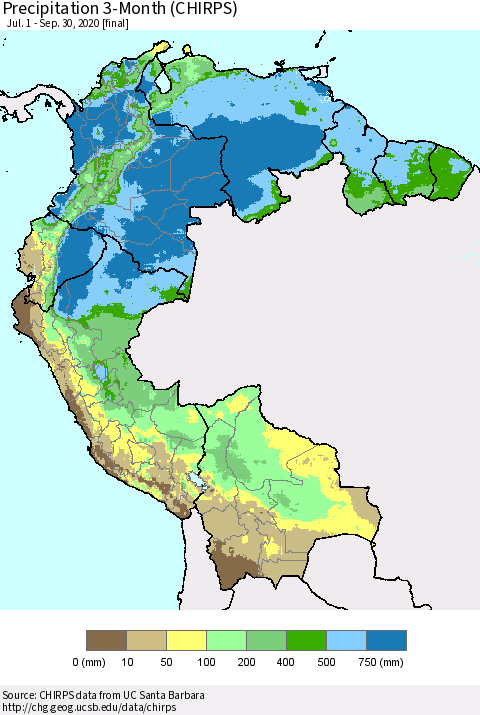 Northern South America Precipitation 3-Month (CHIRPS) Thematic Map For 7/1/2020 - 9/30/2020