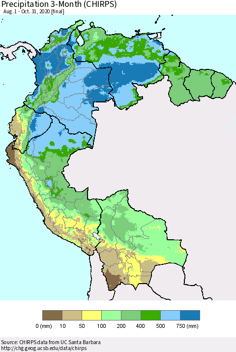 Northern South America Precipitation 3-Month (CHIRPS) Thematic Map For 8/1/2020 - 10/31/2020
