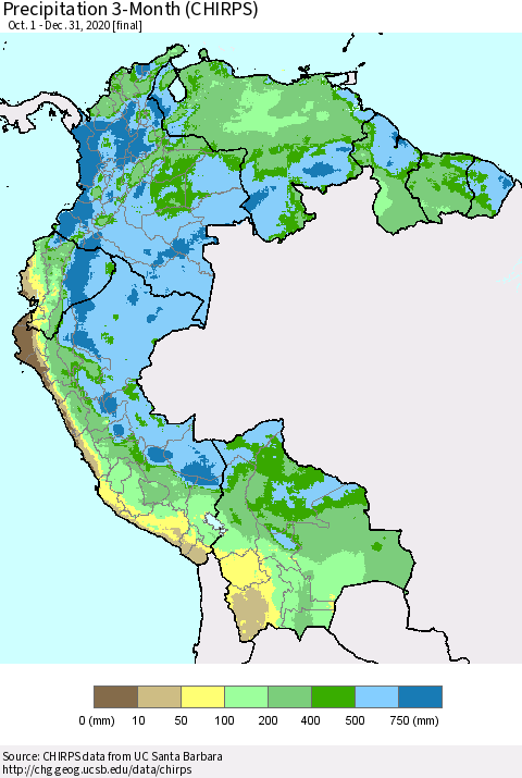Northern South America Precipitation 3-Month (CHIRPS) Thematic Map For 10/1/2020 - 12/31/2020