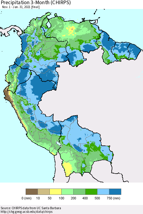 Northern South America Precipitation 3-Month (CHIRPS) Thematic Map For 11/1/2020 - 1/31/2021