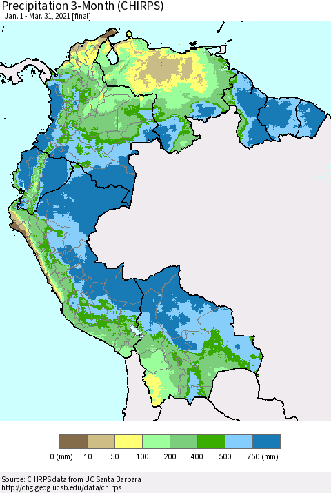 Northern South America Precipitation 3-Month (CHIRPS) Thematic Map For 1/1/2021 - 3/31/2021