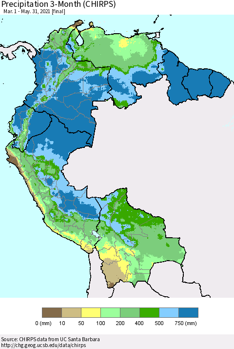 Northern South America Precipitation 3-Month (CHIRPS) Thematic Map For 3/1/2021 - 5/31/2021