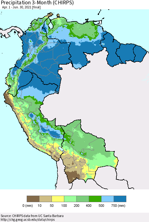 Northern South America Precipitation 3-Month (CHIRPS) Thematic Map For 4/1/2021 - 6/30/2021